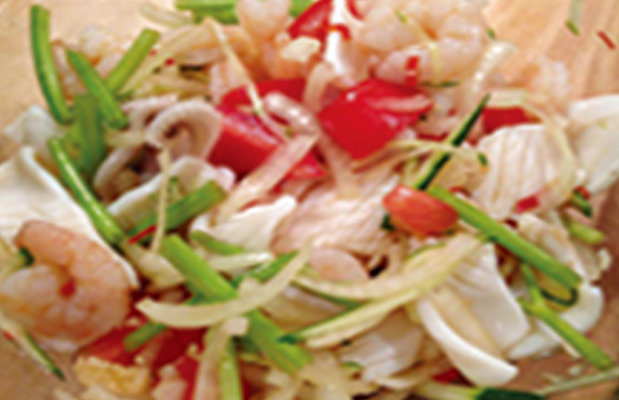 Салат "Морской" (гребешок, кальмар, крев етка, крабовые палочки, мидии и овощи в масле)